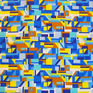 Cotone elasticizzato stampa geometrico blu e giallo