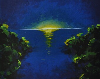 Sunset on a lake, Original landscape painting, 20" x 20"