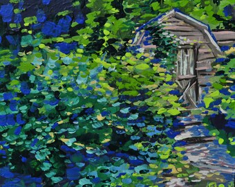 Overgrown bushes near Old shed, Original Landscape Painting on canvas, 12" wide x 10" high