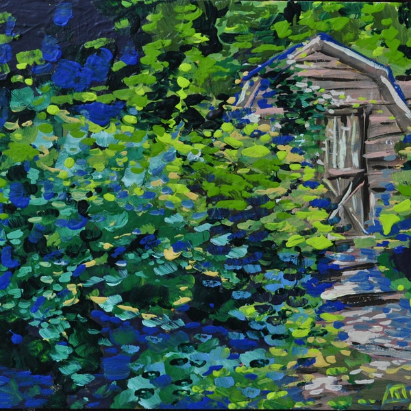 Overgrown bushes near Old shed, Original Landscape Painting on canvas, 12" wide x 10" high