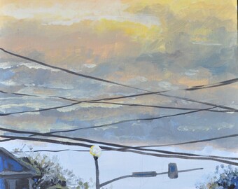 Dusk on Alpharetta's main Street, Original landscape painting on canvas, 10" wide x 10" high