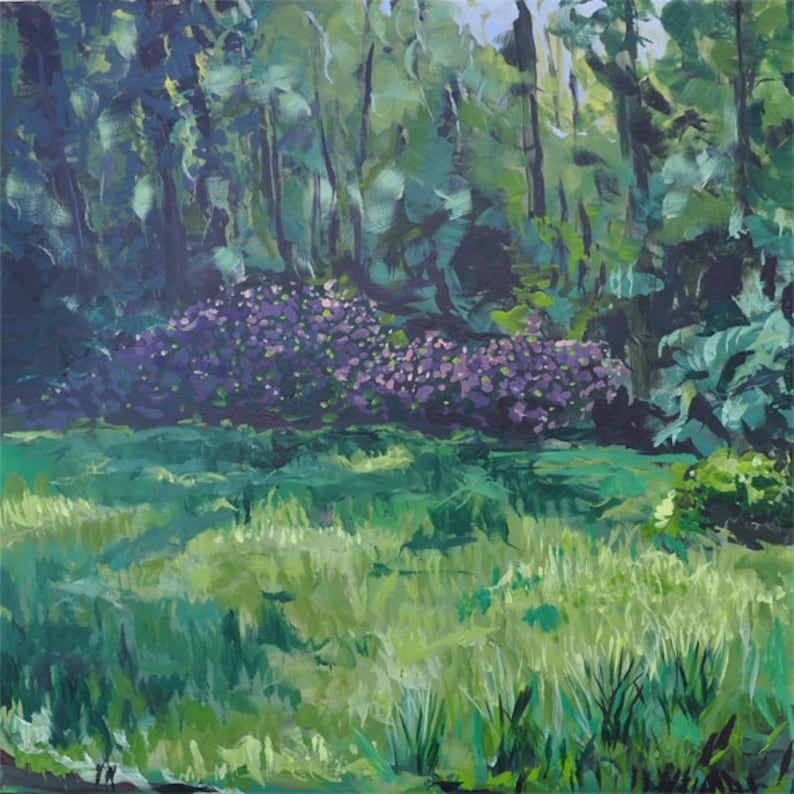 May include: A painting depicting a verdant meadow with a clump of purple flowers in the background. The meadow is covered in long blades of grass and the flowers are in full bloom. The painting is executed in a loose, impressionistic style.