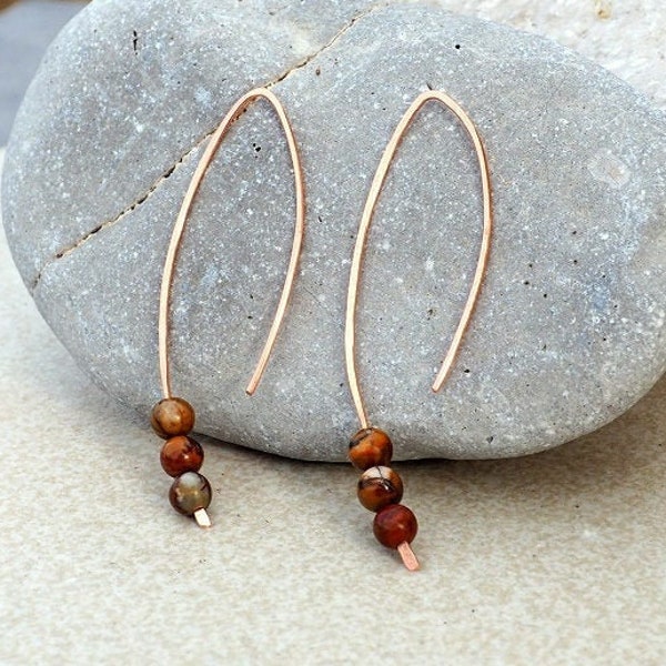 Copper Jasper Earrings~Boho Threader Earrings~Metal Solid Copper Earrings~Minimal Jewelry~Dainty Jewelry~Boho Chic Gift for Her