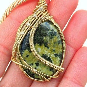 Green Jasper Necklace~Wire Wrapped Green Jasper Pendant~Golden Colors Jewelry~Anniversary Gift~Gift for Her~Handmade Jewelry