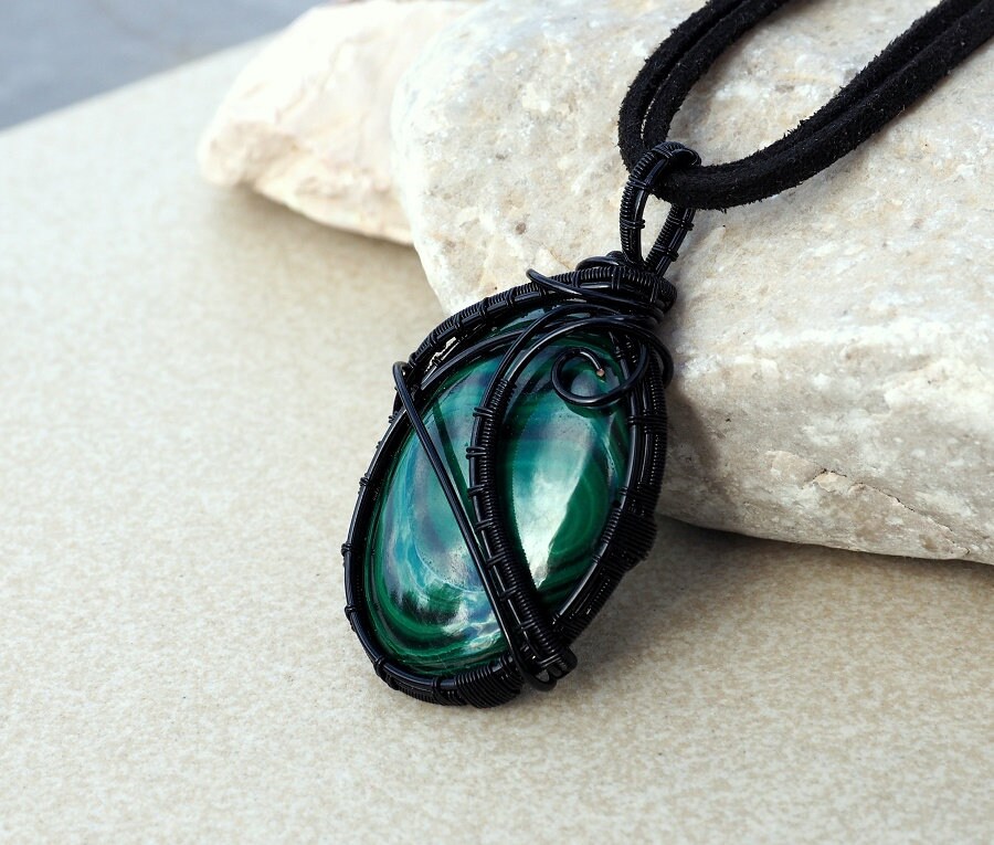 Malachite PendantWire Wrapped Malachite NecklaceOval