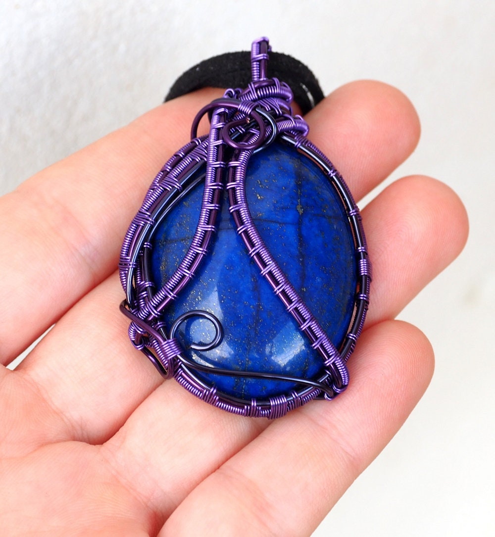 Lapis Lazuli Wire Wrapped PendantBlue Purple Necklace