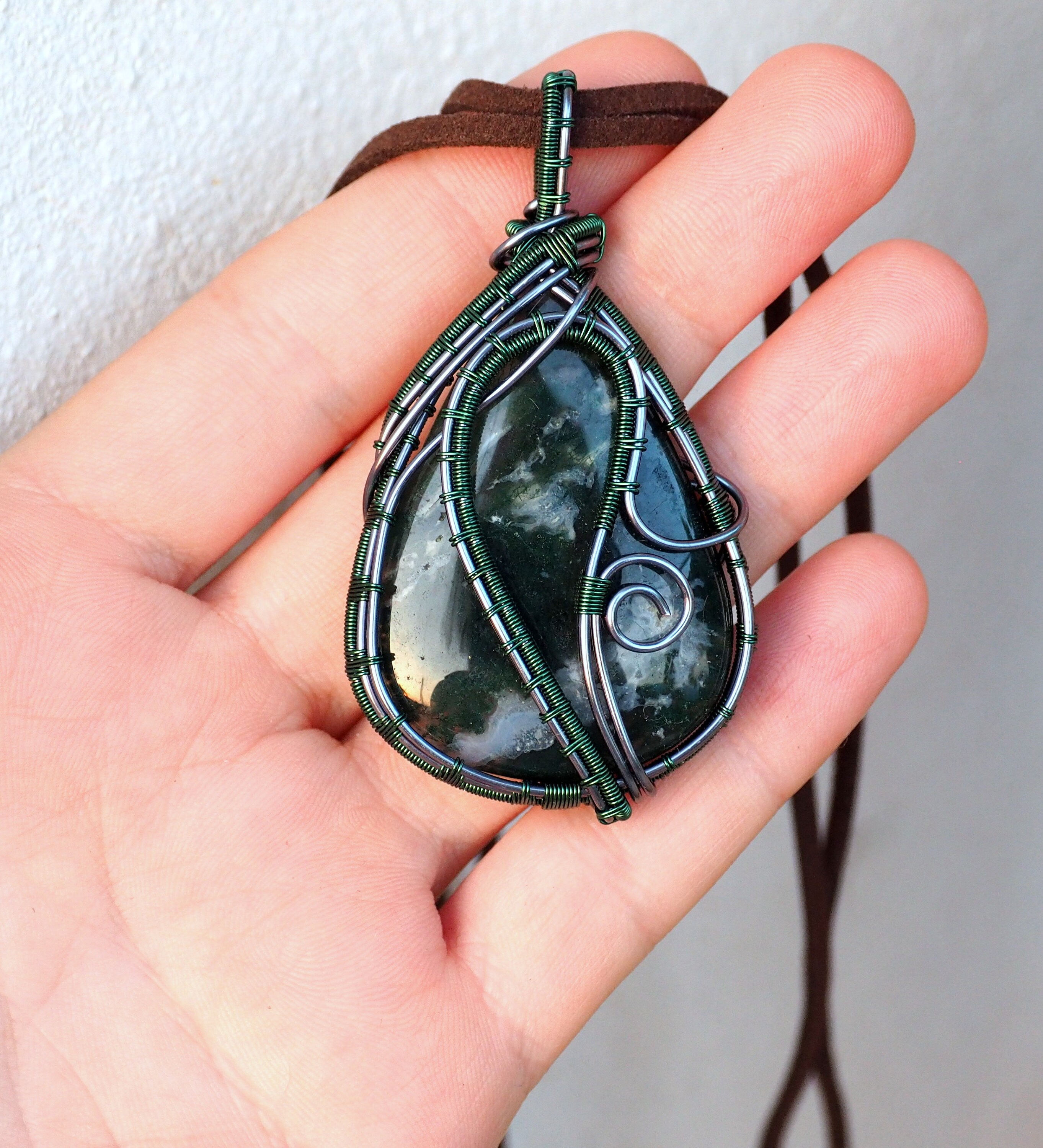 Moss Agate Necklace~Green Moss Agate Wire Wrapped Pendant~Forest Green