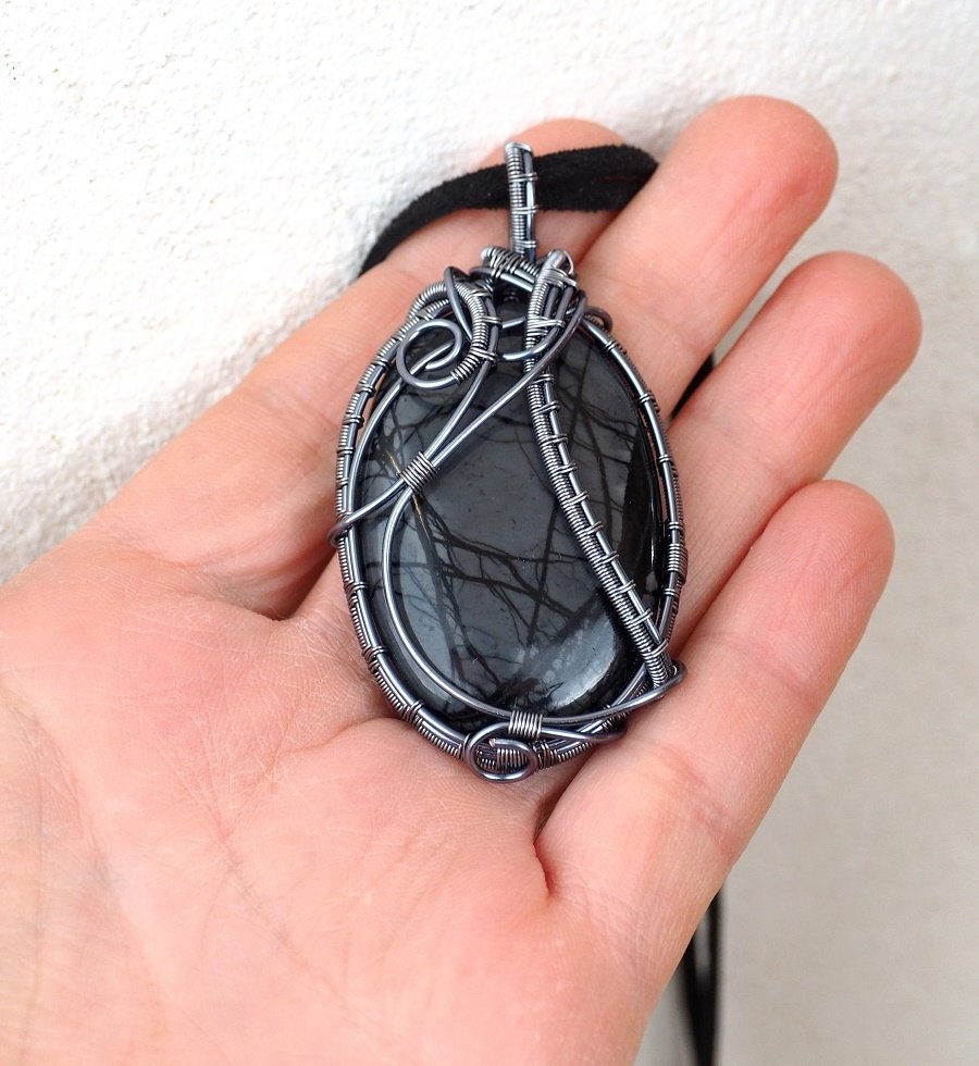 Black Gray Picasso Jasper Wire Wrapped PendantGray Jasper