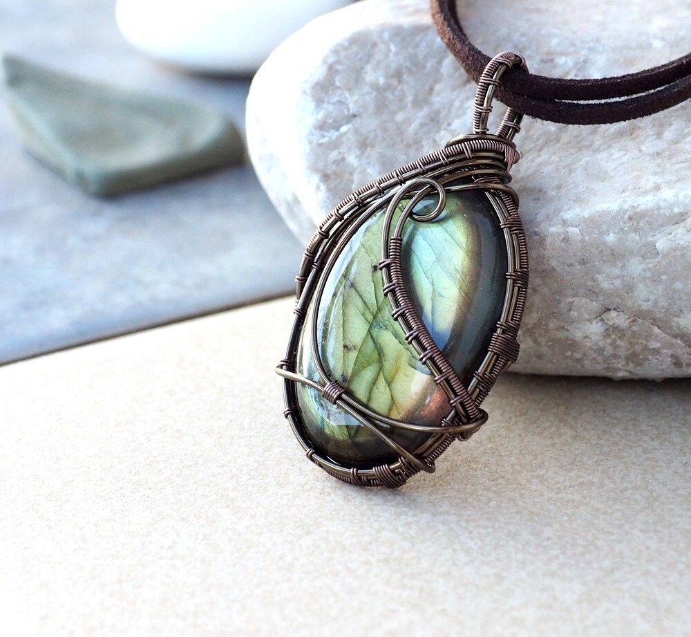 Long Necklace Copper Pendant Green and Gold Flash Labradorite Pendant Labradorite Jewelry Wire Wraped Jewelry 7th Anniversary Gift