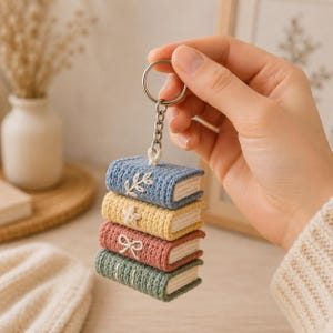 Crochet Book Stack Keychain, Handmade Mini Book Charm, Cute Reader Gift, Book Lover Bag Charm, Cozy Librarian Gift, Crochet Accessory