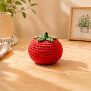 Puede incluir: Un tomate tejido a ganchillo de color rojo, con una superficie texturizada y un tallo con hojas verdes también tejidas en la parte superior. El objeto está hecho de hilo con puntadas visibles, creando una forma esférica suave y realista.