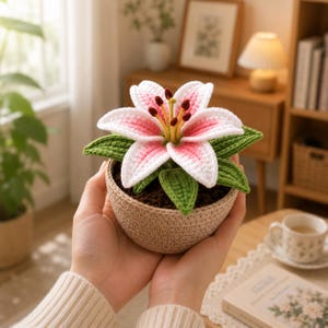 May include: A crocheted lily flower in a woven pot. The flower has white petals with pink edges, green leaves, and a yellow and brown centre. The pot is a light brown colour and filled with brown material.