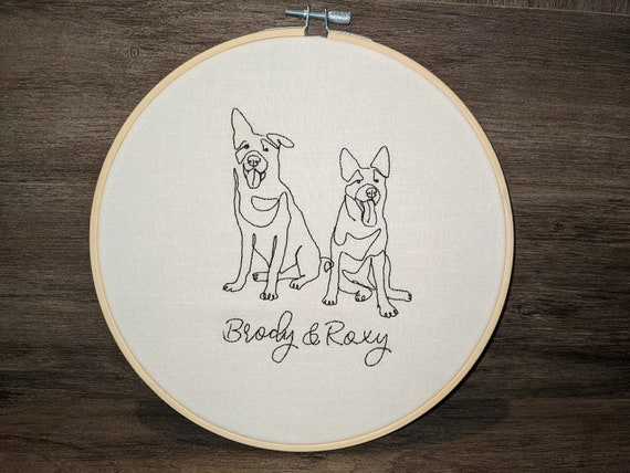 Custom Line Drawing Embroidery Hoop, Pet Portrait, Embroidered Family Gift