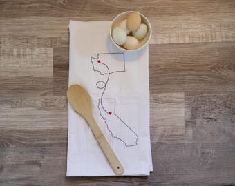State Love Tea Towel, Long Distance Gift, Two State Embroidered Flour Sack Towel, Custom Cities Keepsake