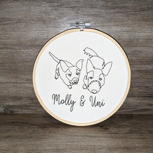 Op de afbeelding: Borduurwerk op een ronde ring met twee honden, een zwart-witte en een bruine, met de tekst "Molly & Uni" eronder.