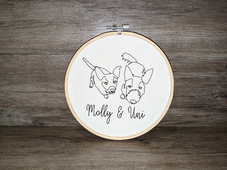 Op de afbeelding: Borduurwerk op een ronde ring met twee honden, een zwart-witte en een bruine, met de tekst "Molly & Uni" eronder.
