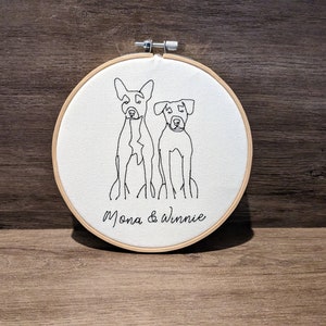 Op de afbeelding: Borduurwerk op een ronde ring met twee honden, Mona & Winnie, in een eenvoudige lijntekening stijl.