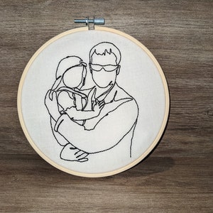 Op de afbeelding: Borduurwerk op een borduurring met een lijntekening van een persoon die een kind vasthoudt. De tekening is in zwart garen op een witte achtergrond.