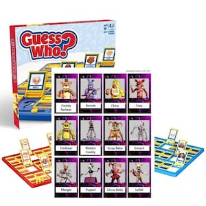 May include: Guess Who? game featuring characters from the Five Nights at Freddy's franchise. The game board is blue and red with yellow squares. The character cards are 1.75 inches by 3 inches and feature various characters from the game, including Freddy Fazbear, Bonnie, Chica, Foxy, Fredbear, Molten Freddy, Scrap Baby, Ennard, Mangle, Puppet, Circus Baby, and Lolbit.