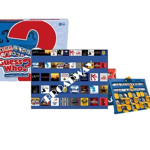 May include: A blue and red board game box with the text "Guess? Who! The Original Guessing Game" on the front. The game board is blue and yellow with a grid of small images. There are also several cards with images of people on them.
