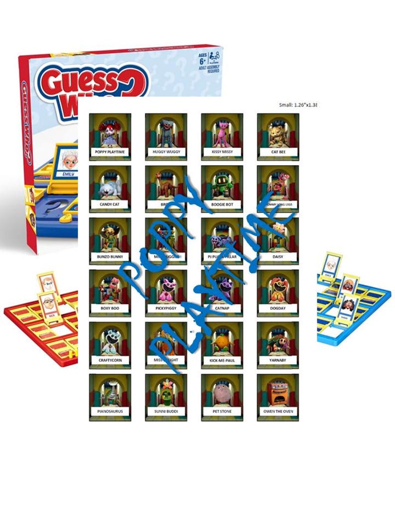 May include: A Guess Who? game board with colorful character cards featuring characters from the popular children's show, "Poppy Playtime". The game board is blue and yellow with a red and yellow frame. The character cards are arranged in a grid and feature characters such as Poppy Playtime, Huggy Wuggy, Kissy Missy, Cat Set, Candy Cat, Boogie Bot, Bunzo Bunny, Pipu, Daisy, Boxy Roo, Pickypiggy, Catnap, Dogday, Craftycorn, Midnight, Kick Me Paul, Yarnaby, Pianosaurus, Sun Buddi, Pet Stone, and Owen the Oven.