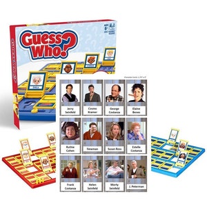 May include: A blue and yellow game board with a red frame. The game is called "Guess Who?" and features characters from the TV show Seinfeld. The game includes character cards with pictures of the characters and their names.