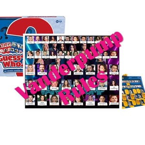 Peut inclure: Un jeu de société Guess Who? comprenant une boîte bleue avec un grand point d'interrogation rouge et une grille de jeu affichant de nombreuses photos de portraits avec le texte rose Vanderpump Rules superposé au centre.