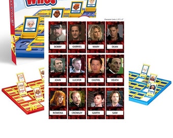 May include: A red and blue Guess Who? game board with character cards featuring characters from the TV show Supernatural. The cards feature characters such as Dean, Sam, Crowley, Lucifer, and Castiel.