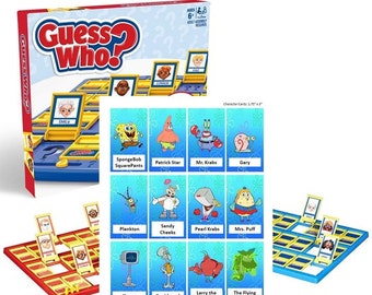May include: A blue and yellow game board with a red frame. The game is called "Guess Who?" and features characters from the cartoon "SpongeBob SquarePants". The game includes character cards with images of SpongeBob, Patrick, Mr. Krabs, Gary, Plankton, Sandy Cheeks, Pearl Krabs, Mrs. Puff, Karen, Squidward, Larry the Lobster, and the Flying Dutchman.