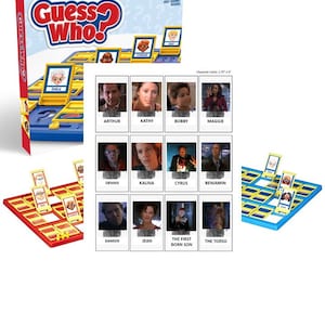 May include: A classic Guess Who? board game with a blue and red game board and yellow character cards. The game features 24 characters with different facial features and hairstyles. The game is designed for ages 6 and up.