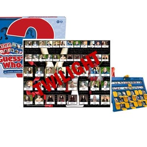 May include: A "Guess Who?" board game with a "Twilight" theme. The game features a blue box with a red question mark, cards with character images, and a game board with character portraits. The word "TWILIGHT" is printed across the board.