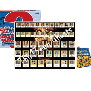 May include: A blue and yellow Guess Who? game board featuring a character from the film "The Lord of the Rings" on the front. The board is surrounded by a black border. The game is a guessing game where players try to guess who the other player is thinking of by asking yes or no questions.
