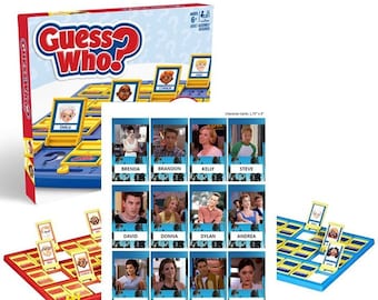 May include: A blue and yellow game board with a blue and yellow box containing character cards. The game board is labeled "Guess Who?" and the character cards feature characters from the TV show "Beverly Hills, 90210".
