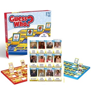 May include: A blue and yellow board game called "Guess Who?" with character cards featuring characters from the TV show "Parks and Recreation". The game is a classic guessing game where players try to guess who their opponent has chosen.