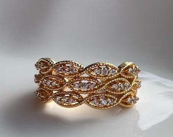 Anello con zircone intrecciato placcato oro 24K – Anello aperto a fascia larga, misura 7,5, veste dalla 7 alla 8 – Anello a strati intrecciati