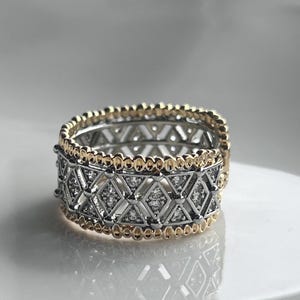 Boho Wide Band Ring, Two Tone Statement Ring, Vintage Style Chunky Ring, Silver Gold Mixed Metal Ring, CZ Accent Adjustable Ring