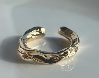 14K Gold Plated Organic Open Band Ring • Sculptural Minimalist Ring • 3mm Width Adjustable Modern Gold Band for Everyday Wear