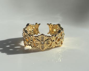 Gold Filigree Crown Ring - 18K Gold Plated Statement Ring- Adjustable Size 6–7 - Regal Jewelry