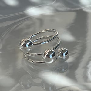 Silver Triple Ball Ring • Modern Spiral Wrap Band • Sculptural Adjustable Statement Ring, US Size 8