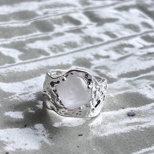 Handmade Organic Silver Ring with Frosted Quartz Center – Textured Molten Style Statement Ring- Adjustable Open Band Ring