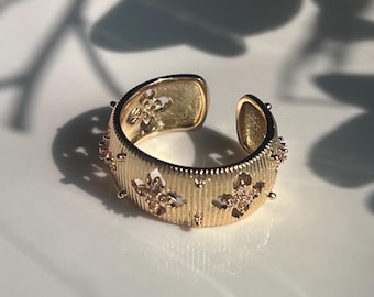 18K Gold Plated Adjustable Brass Ring • Open Band with Delicate Floral Motif • Dainty Handmade Minimalist Jewelry • US Size 7.5-8.5