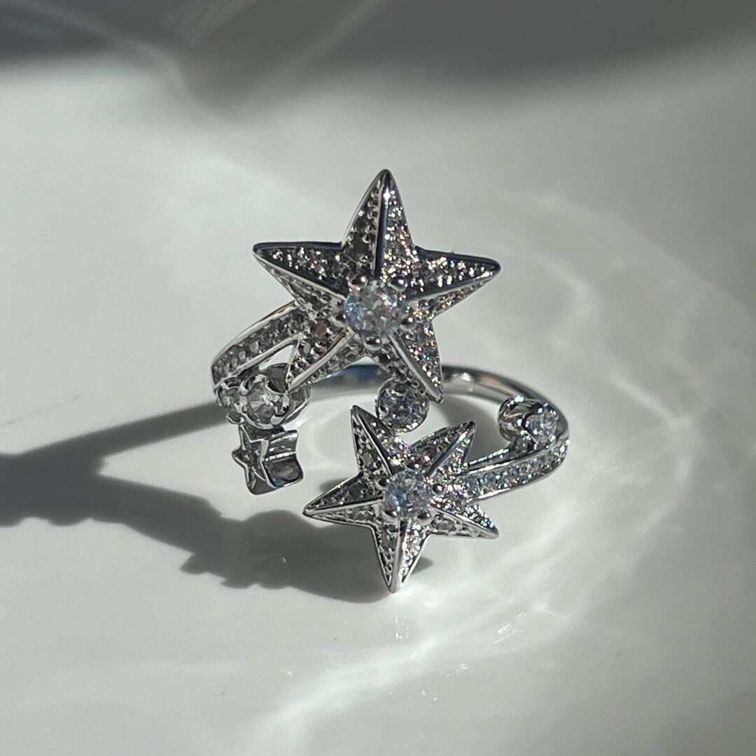 Celestial Star Ring, Silver Plated Brass, Clear Cubic Zirconia, 25mm ...