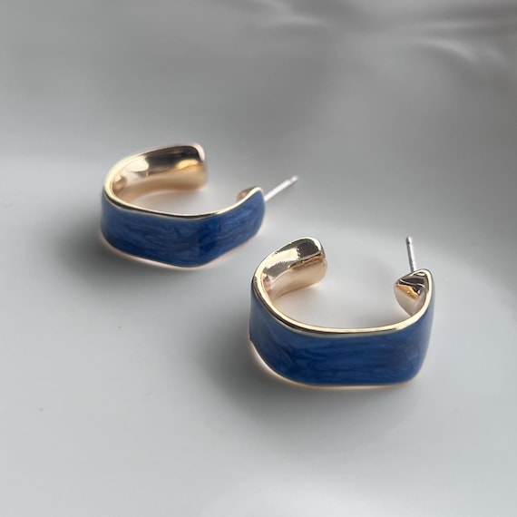 Blue Enamel Hoop Earrings -  18K Gold Plated Hoops with Navy Blue - Hypoallergenic Posts