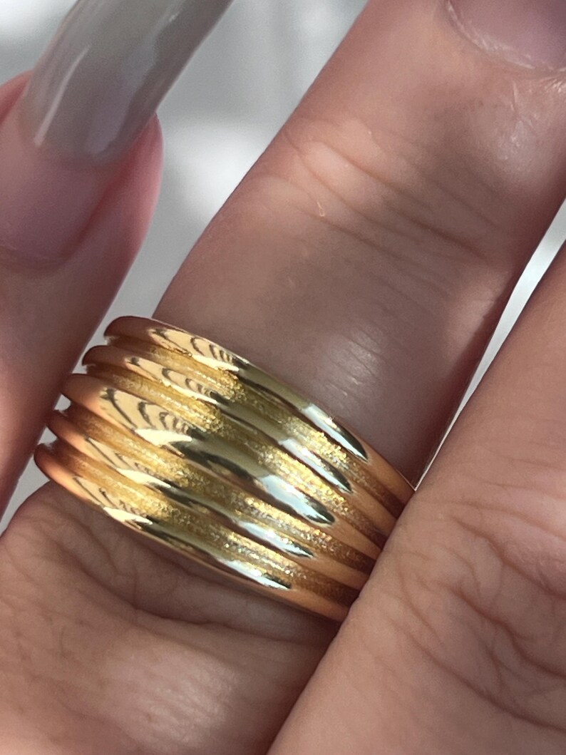 14K Gold Plated Textured Band Ring • Layered Ridged Design • Minimalist ...