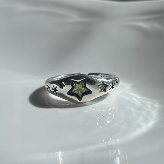 Celestial Star Ring - Silver Filled Band with Green and Clear Cubic Zirconia - Adjustable Size 6.5–7.5