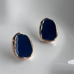 Navy Blue Enamel Stud Earrings • Gold Organic Bezel Statement Studs • Sterling Silver Post Earrings • Meaningful Gift for Her