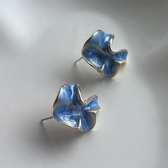 Blue Enamel Sculptural Earrings- Gold Petal Studs- Sterling Silver Posts- Unique Jewelry