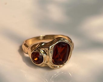 Unique Organic 24K Gold-Plated Ring with Amber-Toned Glass Gemstones – Statement Jewelry-Stackable Ring