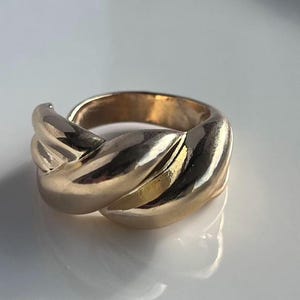 Op de afbeelding: Een goudkleurige ring met een dik, gevlochten ontwerp. De ring heeft een glad, gepolijst oppervlak en een afgeronde vorm. De ring is waarschijnlijk gemaakt van metaal en is ontworpen om aan een vinger te worden gedragen. De ring is een sieraad.
