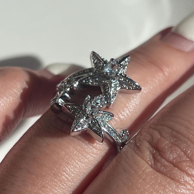 Celestial Star Ring, Silver Plated Brass, Clear Cubic Zirconia, 25mm ...